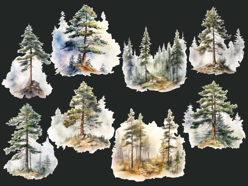 Peut inclure: Illustrations &agrave; l'aquarelle de pins dans un d&eacute;cor forestier. Les arbres sont peints dans des tons de vert, de brun et de bleu, avec un fond brumeux. Les illustrations sont parfaites pour ajouter une touche de nature &agrave; tout projet.