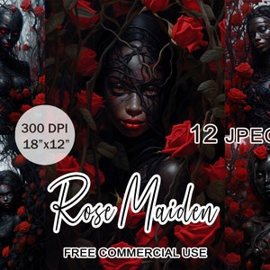 Clipart de jeune fille rose, lot de portraits de femme magique, images de fille noire fantastique, clipart roses gothiques, art esthétique sombre, usage commercial gratuit