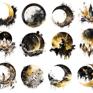 May include: Twelve watercolour illustrations of crescent moons with various gold and black accents. Each moon is surrounded by different elements, including flowers, crystals, stars, and landscapes.