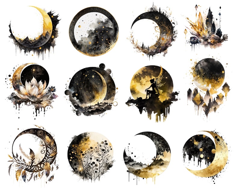 May include: Twelve watercolour illustrations of crescent moons with various gold and black accents. Each moon is surrounded by different elements, including flowers, crystals, stars, and landscapes.