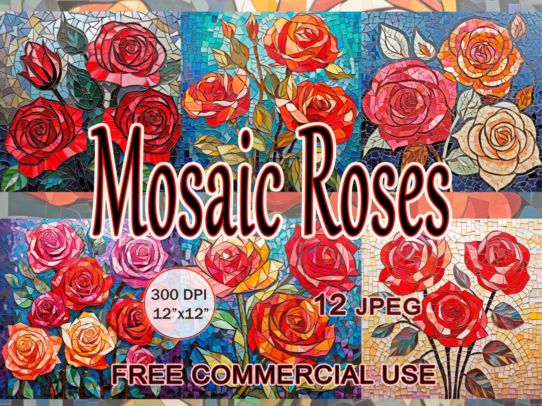 Mosaic Roses Clipart, Pink & Red Rose Images Bundle, Digital Mosaic ...