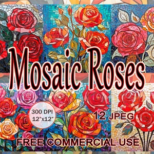 Mozaïekrozen clipart, bundel roze en rode roos afbeeldingen, digitale mozaïek bloemen kunst, glasroos clipart, mozaïektegels kunst, gratis commercieel gebruik