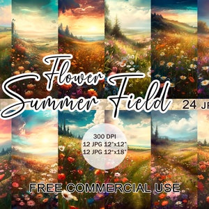 Wild flower field clipart, Wildflower meadow summer clipart, Wildflower clipart bundle, Floral landscape art, Flower landscape clipart