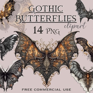 Gothic butterfly clipart, Black and Gold Victorian brooch, Dark aesthetic png images, Original goth digital art bundle, Free commercial use