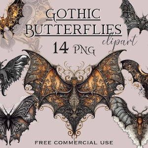 Gothic Schmetterling Clipart, schwarz-goldene viktorianische Brosche, dunkel ästhetische PNG-Bilder, Original Goth Digital Art Bundle, kostenlose kommerzielle Nutzung