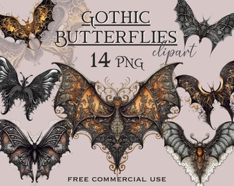 Imágenes prediseñadas de mariposa gótica, broche victoriano negro y dorado, imágenes PNG de estética oscura, paquete de arte digital gótico original, uso comercial gratuito