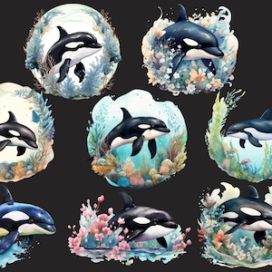 May include: Nine watercolor illustrations of orcas swimming in various underwater scenes. Each illustration features a black and white orca with a white patch on its eye, surrounded by colorful coral, seaweed, and flowers.