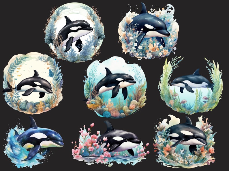 May include: Nine watercolor illustrations of orcas swimming in various underwater scenes. Each illustration features a black and white orca with a white patch on its eye, surrounded by colorful coral, seaweed, and flowers.