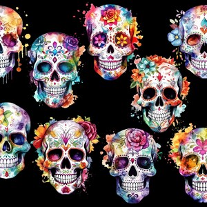 Puede incluir: Nueve calaveras de az&uacute;car coloridas con dise&ntilde;os florales y acentos de acuarela sobre un fondo negro.