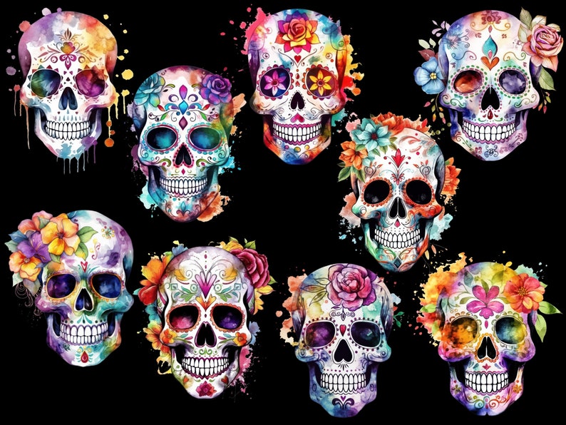 Puede incluir: Nueve calaveras de az&uacute;car coloridas con dise&ntilde;os florales y acentos de acuarela sobre un fondo negro.