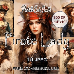 Pirate Lady Cards-bundel, afdrukbare vintage ephemera, digitale piratenkunst, vrouwelijke portret piraat clipart, meisje junk dagboek, vrouw kunst