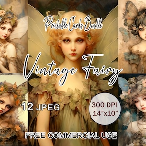 Vintage Feenkarten Bundle, druckbare Vintage Ephemera, Vintage Fee Clipart, Florale Schmetterling Fee Kunst, Digitales Fantasy Porträt