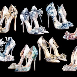 May include: Nine pairs of high-heeled shoes with various floral and crystal embellishments. The shoes are in shades of blue, white, and gold.