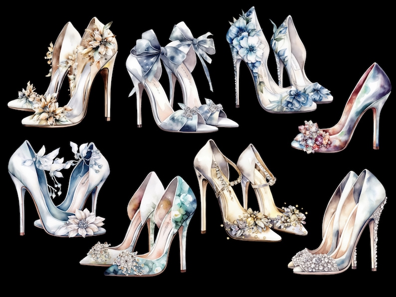 May include: Nine pairs of high-heeled shoes with various floral and crystal embellishments. The shoes are in shades of blue, white, and gold.