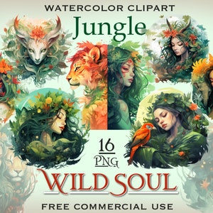 Jungle Wild Soul PNG-bundel, aquarel vrouwelijk portret, Floral Animal Girl clipart, Born to be Wild vrije geest png, Mystic Fairy clipart