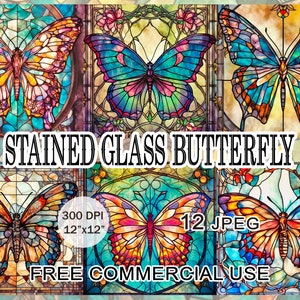 Stained glass butterfly clipart, Victorian butterflies artwork bundle, Art nouveau printable ornament images, Free commercial use