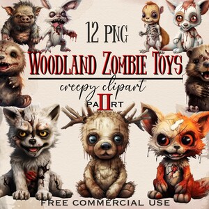 Woodland Zombie Toy Clipart, engraçado Halloween animais da floresta de pelúcia zumbis png pacote, apocalipse zumbi da natureza selvagem, clipart de terror animal