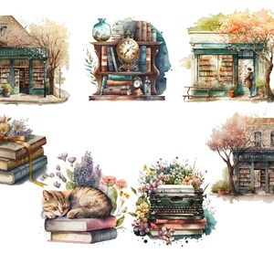 Pu&ograve; includere: Un'illustrazione ad acquerello di una collezione di oggetti vintage a tema libro, tra cui una libreria con un cartello che recita "SULTETICE", una libreria con un orologio, una macchina da scrivere con fiori, una pila di libri con un nastro e un gatto che dorme su una pila di libri.