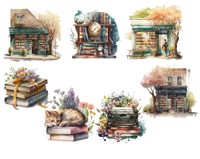 Pu&ograve; includere: Un'illustrazione ad acquerello di una collezione di oggetti vintage a tema libro, tra cui una libreria con un cartello che recita "SULTETICE", una libreria con un orologio, una macchina da scrivere con fiori, una pila di libri con un nastro e un gatto che dorme su una pila di libri.