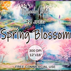 Clipart fleur de printemps, peinture de paysage aquarelle, clipart aquarelle printemps, clipart floral peinture forêt, art floral fleur de cerisier