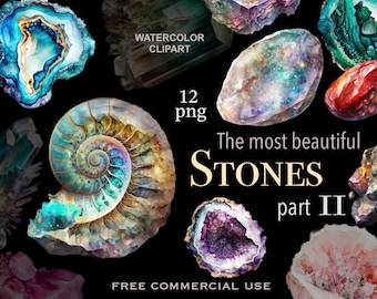 May include: Watercolor clipart of 12 beautiful stones, including amethyst, agate, and a fossilized ammonite. The most beautiful stones part II. Free commercial use.