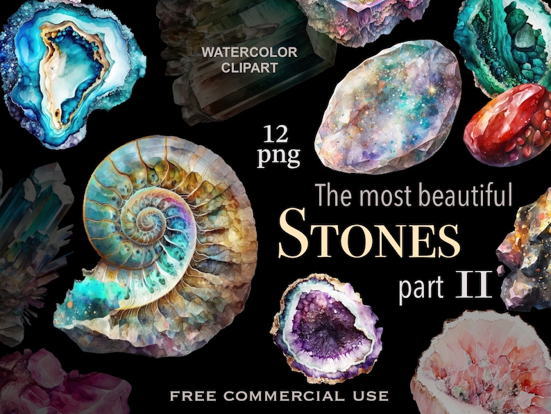 May include: Watercolor clipart of 12 beautiful stones, including amethyst, agate, and a fossilized ammonite. The most beautiful stones part II. Free commercial use.