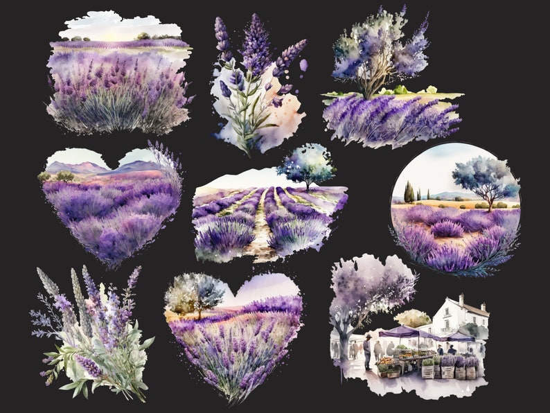 Puede incluir: Ilustraciones de acuarela de campos de lavanda en varias formas y tama&ntilde;os. Las ilustraciones presentan flores de lavanda moradas, &aacute;rboles verdes y cielos azules. Algunas ilustraciones incluyen una forma de coraz&oacute;n, un c&iacute;rculo y un cuadrado.