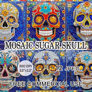 May include: A set of 12 digital images featuring colorful mosaic sugar skulls. Each image is 12 inches by 12 inches and 300 DPI. The images are free for commercial use.