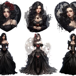 May include: A collection of six digital illustrations featuring a woman with long black hair and a black dress. The woman is depicted in various poses, including holding a heart, standing with a heart, and sitting with a heart. The illustrations are in a gothic style and feature intricate details.