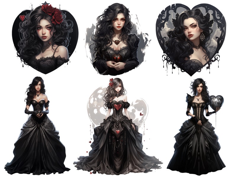 May include: A collection of six digital illustrations featuring a woman with long black hair and a black dress. The woman is depicted in various poses, including holding a heart, standing with a heart, and sitting with a heart. The illustrations are in a gothic style and feature intricate details.