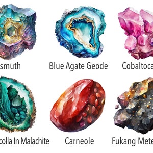 May include: A collection of six watercolor paintings depicting different types of minerals and gemstones. The paintings include bismuth, blue agate geode, cobaltocalcite, chrysocolla in malachite, carneole, and fukang meteorite.