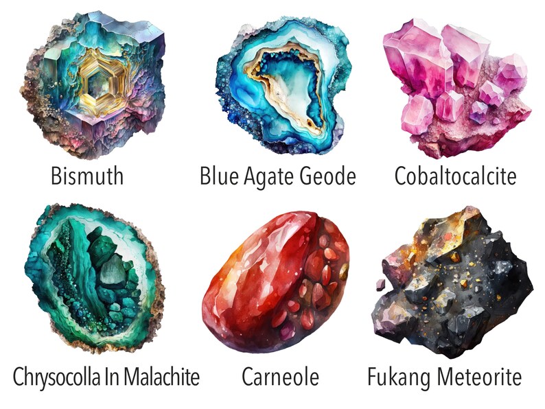 May include: A collection of six watercolor paintings depicting different types of minerals and gemstones. The paintings include bismuth, blue agate geode, cobaltocalcite, chrysocolla in malachite, carneole, and fukang meteorite.