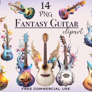Fantasie gitaar clipart, sprookjes bloemen muziek png bundel, bloem muziekinstrumenten kunst afbeeldingen pakket voor ontwerp en collage, gratis commercieel gebruik