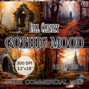 Clipart d'ambiance gothique, Images de paysages forestiers d'automne, Lot d'art gothique esthétique sombre, Architecture gothique dans la forêt, Utilisation commerciale gratuite