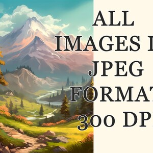 Pode incluir: Uma pintura digital de um vale verde exuberante com um rio sinuoso, rodeado de montanhas. O c&eacute;u &eacute; azul com nuvens brancas. O texto "ALL IMAGES IN JPEG FORMAT 300 DPI" est&aacute; no lado direito da imagem.