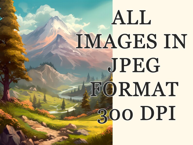 Pode incluir: Uma pintura digital de um vale verde exuberante com um rio sinuoso, rodeado de montanhas. O c&eacute;u &eacute; azul com nuvens brancas. O texto "ALL IMAGES IN JPEG FORMAT 300 DPI" est&aacute; no lado direito da imagem.
