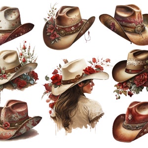 May include: Nine different cowboy hats with various designs and colors. Some hats have floral embellishments and others have a more rustic look.