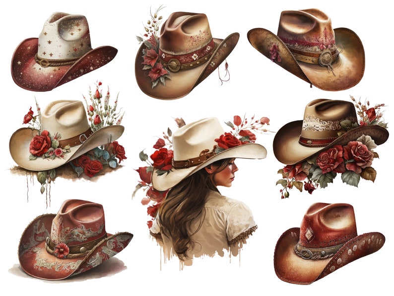 May include: Nine different cowboy hats with various designs and colors. Some hats have floral embellishments and others have a more rustic look.