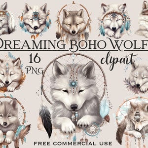 Śniący wilk clipart, słodkie boho śpiące wilki z piórami i łapaczami snów png pakiet, licencja komercyjna wliczona w cenę