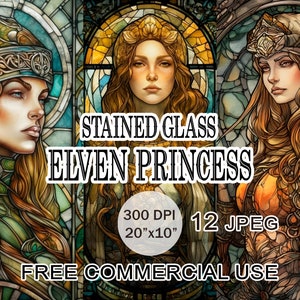Gebrandschilderd glas elven prinses clipart, Fatasy digitaal papierpakket, Fairy elf art nouveau afdrukbare afbeeldingen voor collage, gratis commercieel gebruik