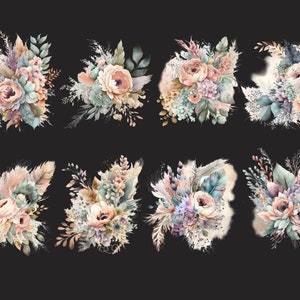 May include: A set of ten watercolor illustrations of floral bouquets with muted pink, blue, and green tones. The bouquets feature various flowers, leaves, and feathers.