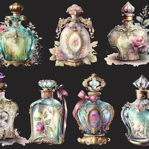 May include: A collection of eight ornate glass perfume bottles with gold accents and floral designs. The bottles are filled with a variety of colored liquids and feature intricate details.