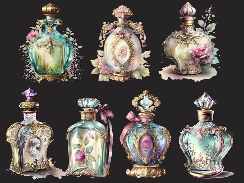 May include: A collection of eight ornate glass perfume bottles with gold accents and floral designs. The bottles are filled with a variety of colored liquids and feature intricate details.