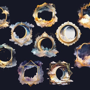 Puede incluir: Diez ilustraciones de acuarela de marcos dorados ornamentados con lunas crecientes y nubes. Los marcos est&aacute;n sobre un fondo azul oscuro.