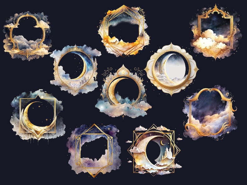 Puede incluir: Diez ilustraciones de acuarela de marcos dorados ornamentados con lunas crecientes y nubes. Los marcos est&aacute;n sobre un fondo azul oscuro.