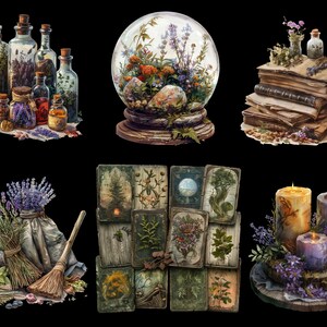 May include: A collection of vintage apothecary bottles, a glass snow globe with flowers and a stone, a stack of old books, a set of tarot cards, and a set of candles with lavender flowers.