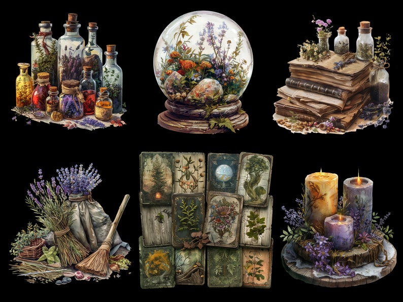 May include: A collection of vintage apothecary bottles, a glass snow globe with flowers and a stone, a stack of old books, a set of tarot cards, and a set of candles with lavender flowers.