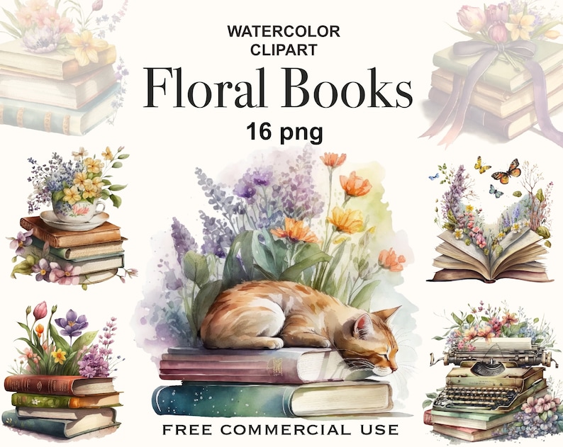 May include: Watercolor clipart of floral books. The image features 16 png files of books with flowers, a cat, and a typewriter. The text "Floral Books" and "16 png" is visible in the image. Free commercial use.