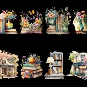 Pu&ograve; includere: Un'illustrazione ad acquerello di una libreria con una variet&agrave; di libri, fiori e vasi. L'illustrazione &egrave; divisa in nove sezioni, ciascuna raffigurante una scena diversa. Le scene includono una libreria con un vaso di fiori, un libro con fiori sopra, una libreria con un vaso di fiori, una libreria con un vaso di fiori, una libreria con una lampada, una libreria con un vaso di fiori, una libreria con un vaso di fiori, una libreria con un vaso di fiori e una libreria con un vaso di fiori.