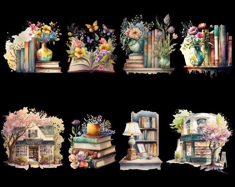 Pu&ograve; includere: Un'illustrazione ad acquerello di una libreria con una variet&agrave; di libri, fiori e vasi. L'illustrazione &egrave; divisa in nove sezioni, ciascuna raffigurante una scena diversa. Le scene includono una libreria con un vaso di fiori, un libro con fiori sopra, una libreria con un vaso di fiori, una libreria con un vaso di fiori, una libreria con una lampada, una libreria con un vaso di fiori, una libreria con un vaso di fiori, una libreria con un vaso di fiori e una libreria con un vaso di fiori.